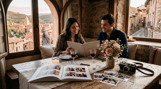 Una mesa romántica de aniversario con una revista de fotos personalizada abierta, luz suave y detalles íntimos que evocan recuerdos compartidos