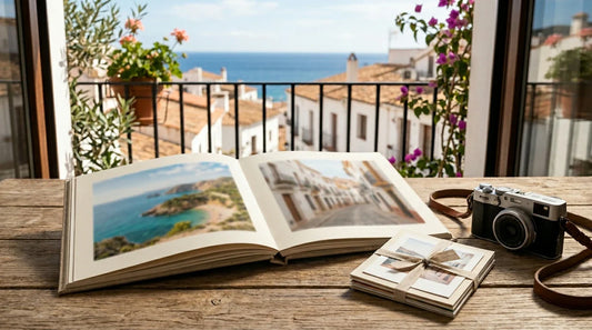 Libro de fotos de viaje abierto sobre una mesa de madera, con papel mate y brillante y detalles de fotografía, en un ambiente mediterráneo y luminoso.