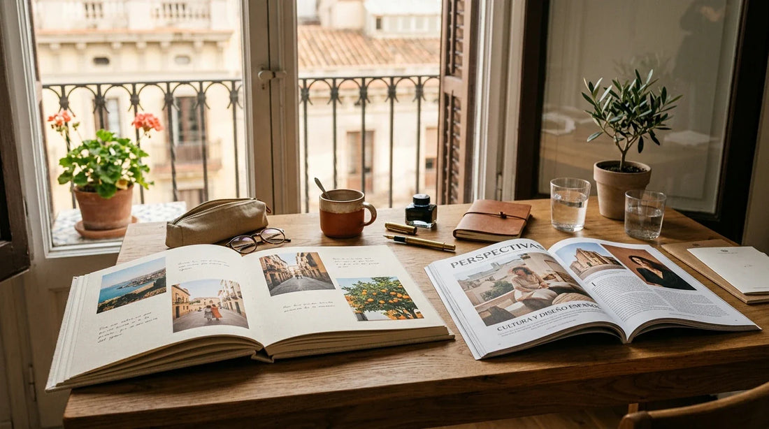 Un escritorio con luz natural y un álbum de fotos abierto, acompañado de revistas impresas y material de diseño, mostrando una estética premium y el tacto del papel.