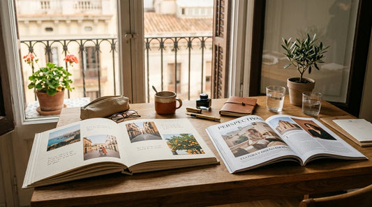Un escritorio con luz natural y un álbum de fotos abierto, acompañado de revistas impresas y material de diseño, mostrando una estética premium y el tacto del papel.