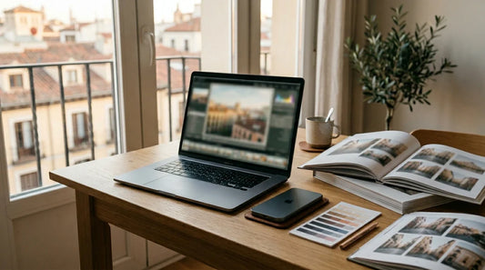 Escritorio elegante con un portátil y un móvil preparando fotos para editar, tarjetas de color y un fotolibro abierto con páginas impresas de estilo cuidado, en luz natural