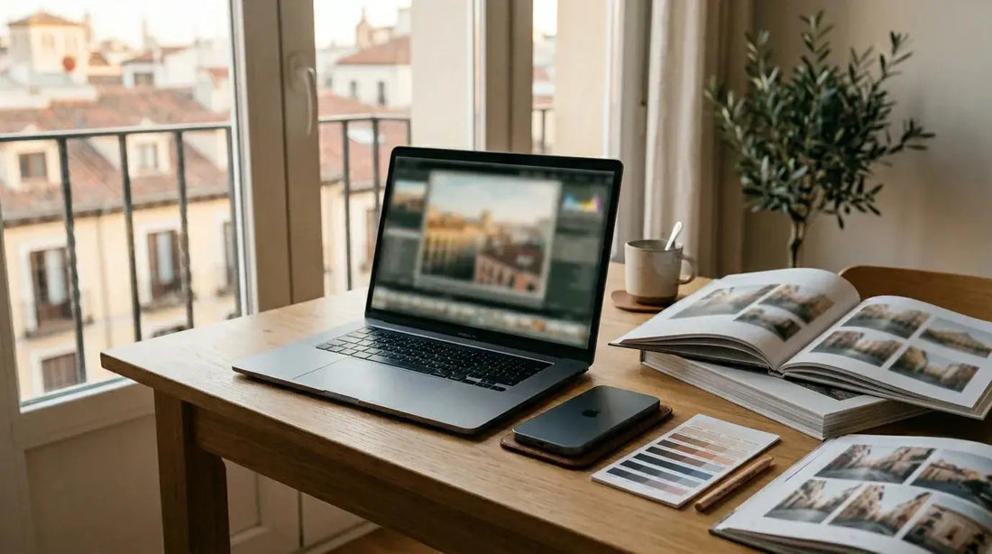 Escritorio elegante con un portátil y un móvil preparando fotos para editar, tarjetas de color y un fotolibro abierto con páginas impresas de estilo cuidado, en luz natural