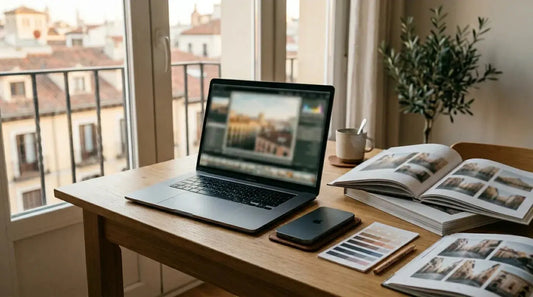 Escritorio elegante con un portátil y un móvil preparando fotos para editar, tarjetas de color y un fotolibro abierto con páginas impresas de estilo cuidado, en luz natural