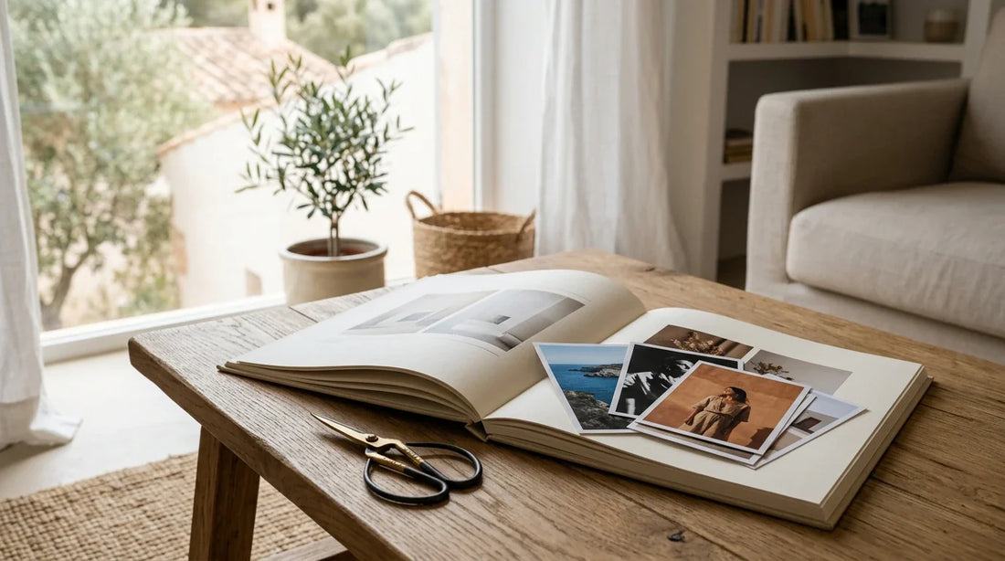 Una mesa de madera con un fotolibro abierto y varias tarjetas impresas que muestran estilos de fotos aesthetic bajo luz natural, con ambiente minimal y premium.