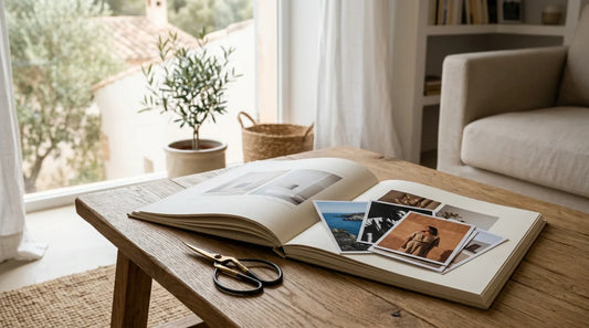 Una mesa de madera con un fotolibro abierto y varias tarjetas impresas que muestran estilos de fotos aesthetic bajo luz natural, con ambiente minimal y premium.