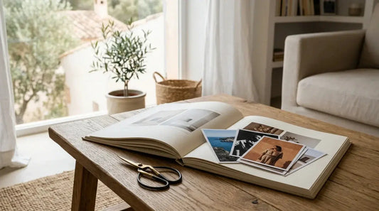 Una mesa de madera con un fotolibro abierto y varias tarjetas impresas que muestran estilos de fotos aesthetic bajo luz natural, con ambiente minimal y premium.