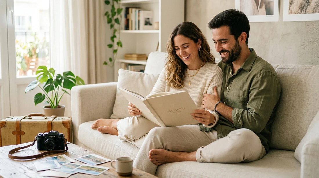 Una pareja joven hojeando un fotolibro de viaje abierto sobre el sofá, con una cámara y una pequeña maleta al lado en un ambiente luminoso y cálido