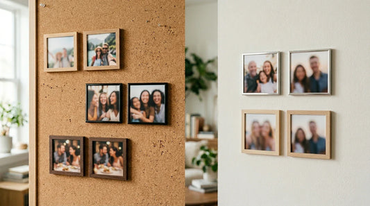 Imanes con fotos colocados en un corcho y una pared clara, con distintos acabados y momentos para comparar estilos y calidad.