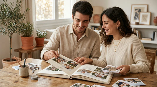 Una pareja joven preparando con calma un fotolibro o revista de fotos para el Día del Padre, con papel y fotos impresas sobre la mesa