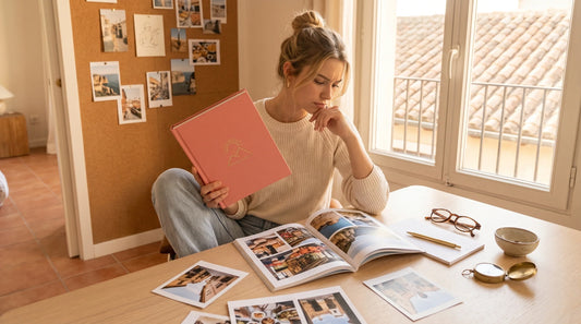 Una chica joven revisa un fotolibro y una revista personalizada con recuerdos de viaje sobre una mesa luminosa.