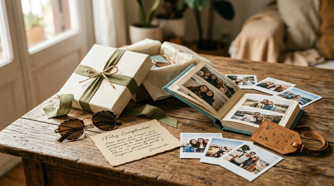 Collage editorial con regalo envuelto, fotos impresas y un fotolibro sobre una mesa de madera con luz natural suave
