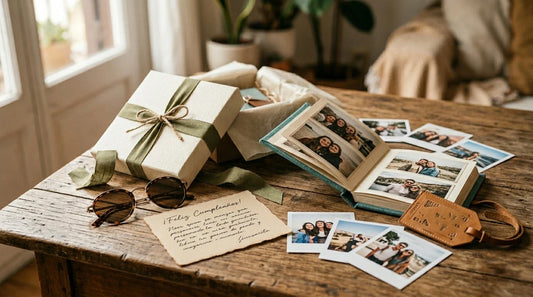 Collage editorial con regalo envuelto, fotos impresas y un fotolibro sobre una mesa de madera con luz natural suave