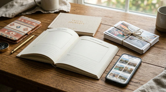 Mesa de madera con un fotolibro de viaje abierto, copias impresas de fotos y una carpeta tipo pasaporte, con luz natural suave para representar distintas opciones de impresión en España.