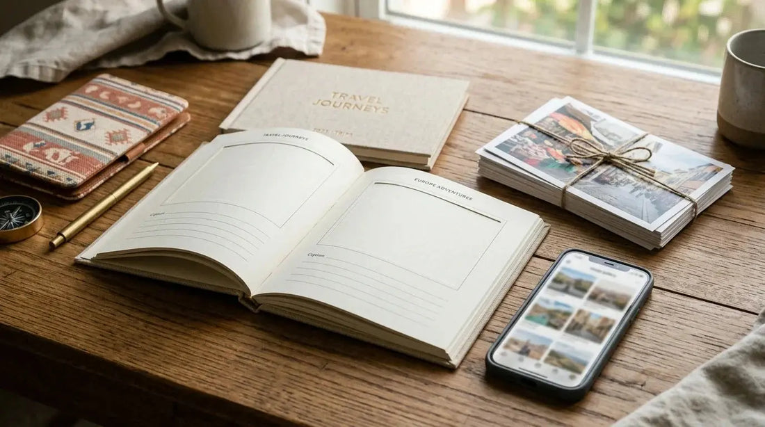 Mesa de madera con un fotolibro de viaje abierto, copias impresas de fotos y una carpeta tipo pasaporte, con luz natural suave para representar distintas opciones de impresión en España.