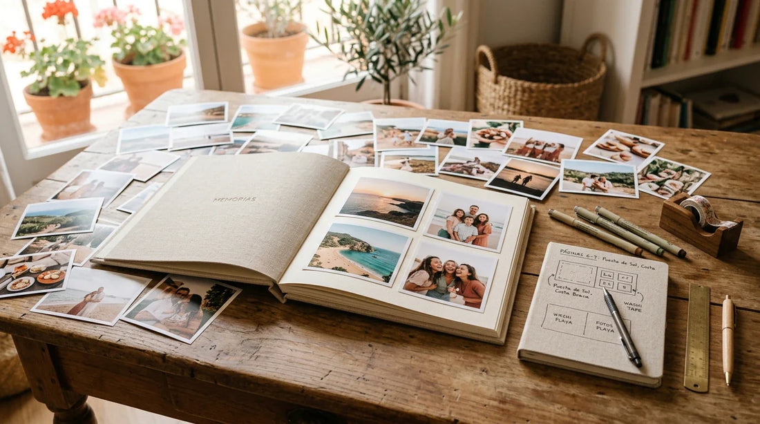 Álbum de fotos abierto sobre un escritorio de madera con fotos impresas y material de papelería, luz natural y estilo editorial.