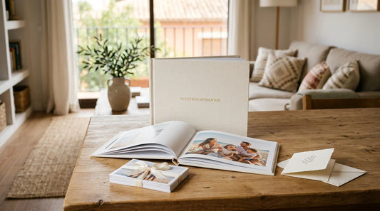 Un fotolibro abierto y fotografías impresas sobre una mesa de madera, con luz natural cálida y un aire editorial para regalar recuerdos.