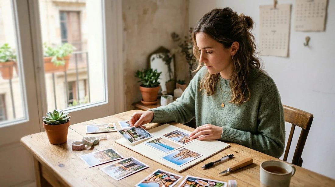 Una chica joven ordenando fotos de viaje impresas sobre una mesa de madera, con un calendario de pared minimalista al fondo en un ambiente luminoso.