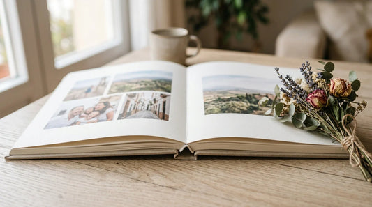 Un libro de fotos de estilo editorial abierto sobre una mesa de tonos claros, con luz natural y textura de papel premium cerca de la encuadernación, como idea de regalo sentimental.