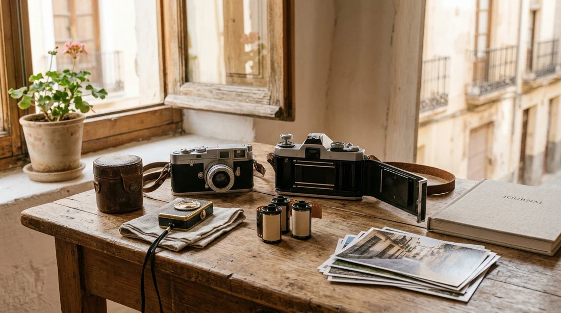 Una mesa de madera con cámaras analógicas vintage, film y accesorios fotográficos, iluminados con luz natural cálida y estilo editorial.