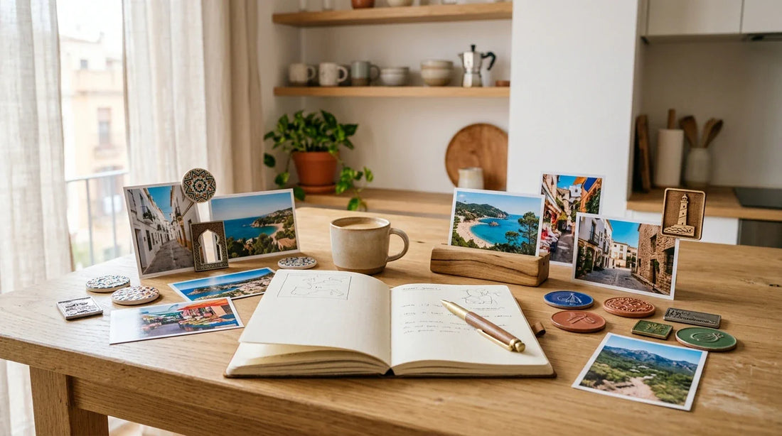Mesa de cocina con fotos impresas de un viaje y varios imanes decorativos listos para elegir el mejor recuerdo