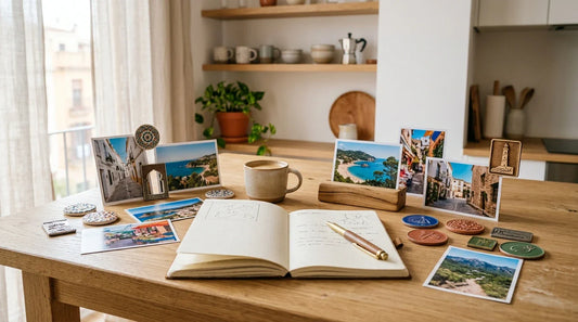 Mesa de cocina con fotos impresas de un viaje y varios imanes decorativos listos para elegir el mejor recuerdo