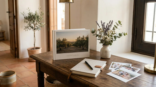 Un rincón de escritorio en casa con un calendario fotográfico premium personalizado, fotos impresas y luz natural, listo para ser un regalo de aniversario.