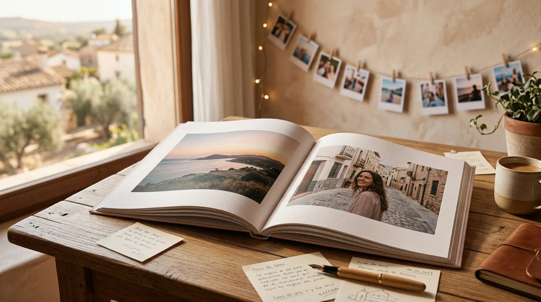 Una mesa acogedora con una revista de fotos personalizada abierta y detalles de recuerdos impresos a la luz natural