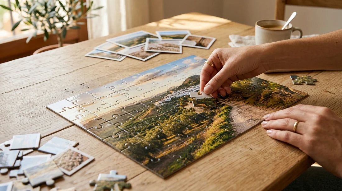 Un puzzle de fotos parcialmente montado sobre una mesa de madera clara, con manos colocando una pieza y pruebas fotográficas desenfocadas alrededor, en un ambiente luminoso y estético.