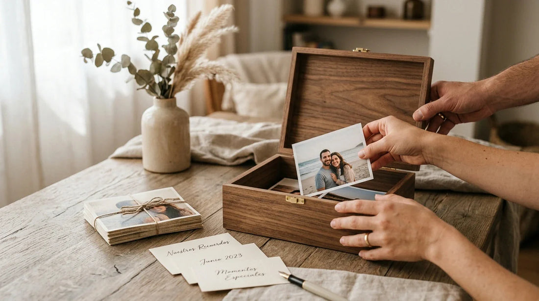 Una pareja coloca una foto dentro de una caja de recuerdos sobre una mesa con luz natural, con notas y fotografías alrededor.