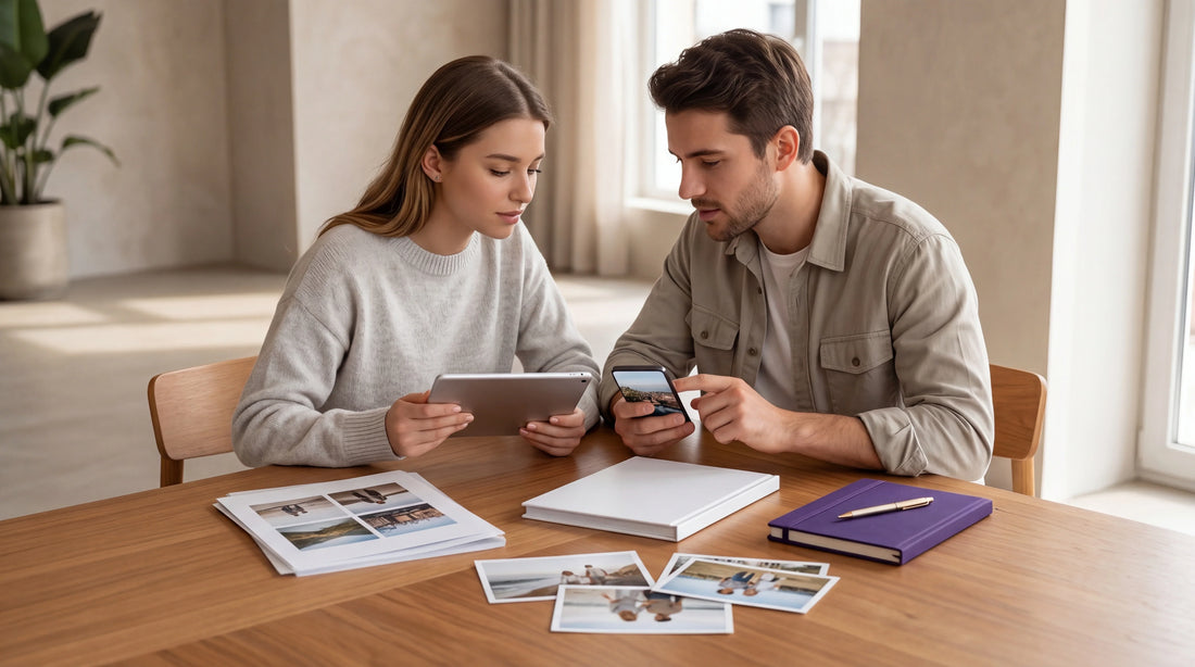Una pareja joven compara fotos en una mesa con un móvil, una tableta, copias impresas y un fotolibro abierto.