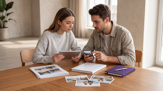 Una pareja joven compara fotos en una mesa con un móvil, una tableta, copias impresas y un fotolibro abierto.