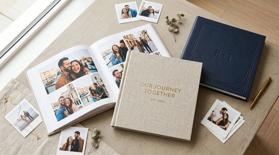 Álbum de fotos personalizado abierto junto a otro cerrado, con fotos de pareja y luz natural suave sobre una mesa elegante.