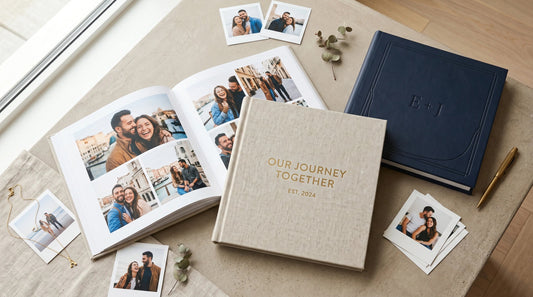 Álbum de fotos personalizado abierto junto a otro cerrado, con fotos de pareja y luz natural suave sobre una mesa elegante.