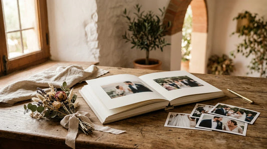 Álbum de boda abierto con páginas de estilo editorial y fotos, en una mesa con luz natural y estética elegante