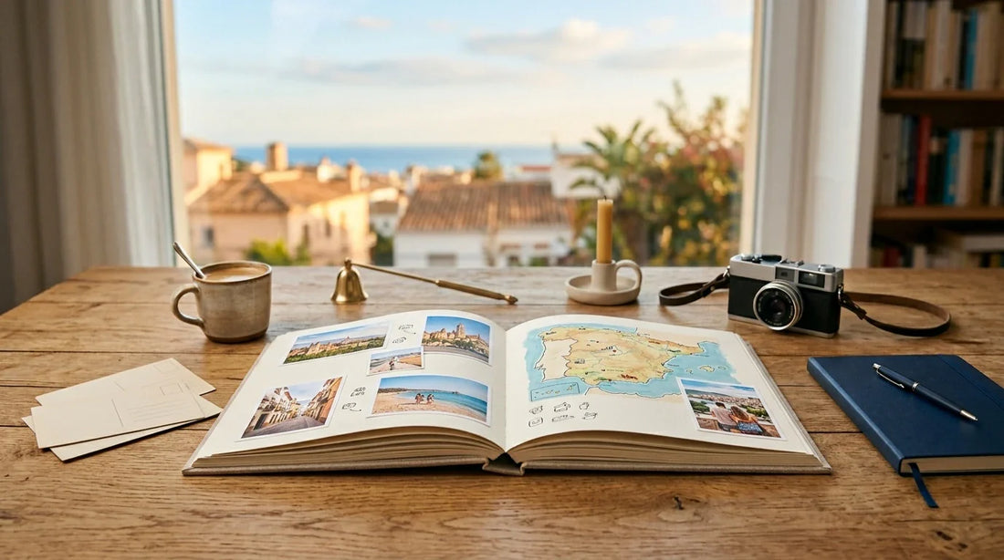 Una mesa luminosa con un álbum de fotos de viaje abierto, cámara y postales, listo para organizar recuerdos impresos con estilo premium.