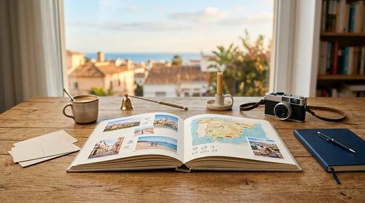 Una mesa luminosa con un álbum de fotos de viaje abierto, cámara y postales, listo para organizar recuerdos impresos con estilo premium.